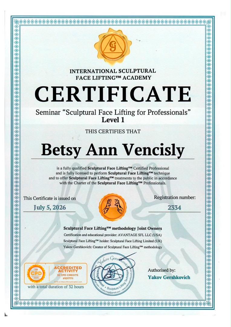 Sculptural Face Lifting Level 1 certificate for Betsy Ann Vencisly