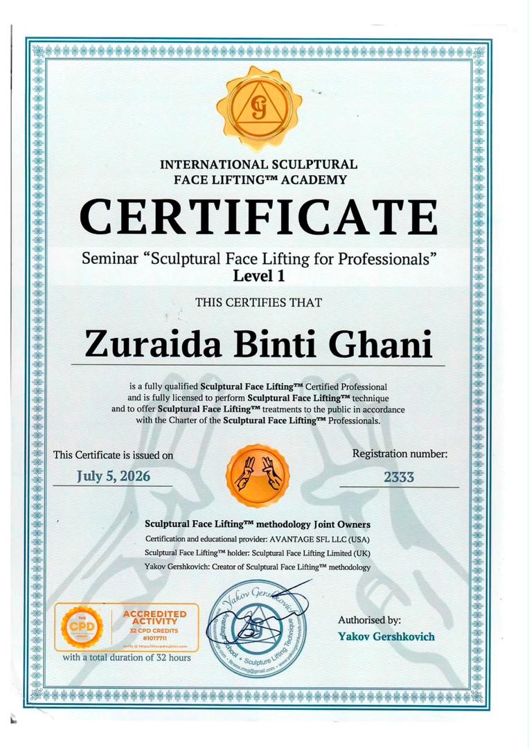 Sculptural Face Lifting Level 1 certificate for Zuraida Binti Ghani